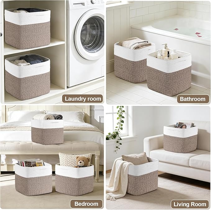 Cube Storage Bins 11 Inch Shelf Cotton Rope Baskets for Organizing, Woven Storage Basket - For Magazines, Living Room, Closet, White+brown 1 Pack