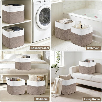 Cube Storage Bins 11 Inch Shelf Cotton Rope Baskets for Organizing, Woven Storage Basket - For Magazines, Living Room, Closet, White+brown 3 Pack