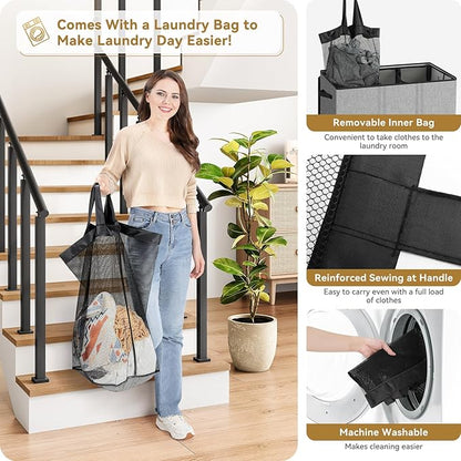 SOLEDI 160L Laundry Hamper 3 Section, Extra Large Laundry Hamper with Lid, Dirty Clothes Hamper with Sturdy Handle, Large Laundry Basket Organizer for Laundry Room, Bedroom, Hampers for Laundry