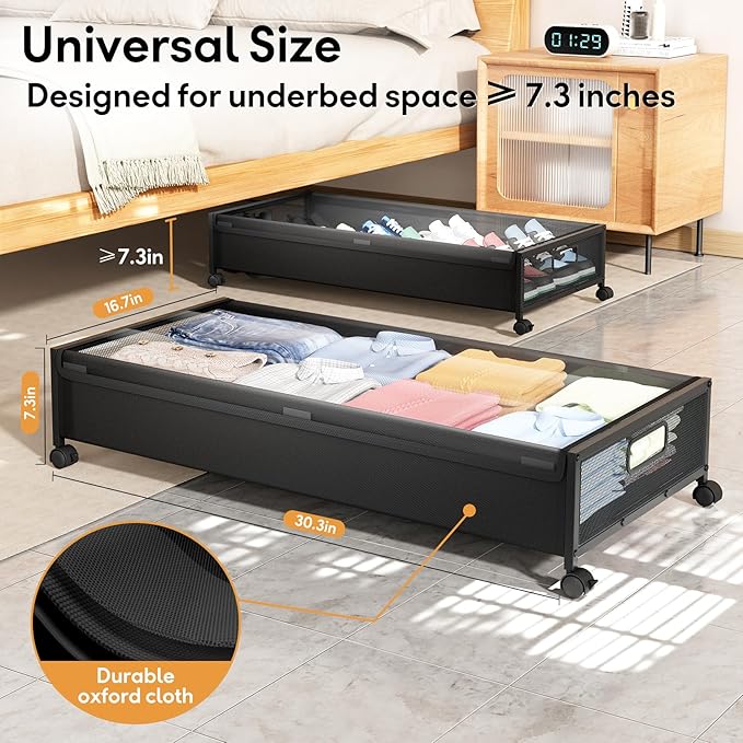 Under Bed Storage with Wheels，4 Pack Under Bed Storage Containers,Underbed Shoe Storage Bedroom Large Capacity Under Bed Storage with Lid for Clothes Shoes Toys Blankets