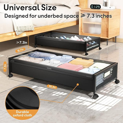 Under Bed Storage with Wheels，4 Pack Under Bed Storage Containers,Underbed Shoe Storage Bedroom Large Capacity Under Bed Storage with Lid for Clothes Shoes Toys Blankets