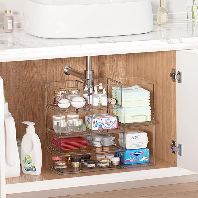 Vtopmart Stackable Storage Drawers Set of 3,Clear Plastic Organizer Bins for Makeup, Cosmetics, Beauty Supplies,Ideal for Vanity, Bathroom,Cabinet,Pantry Organization