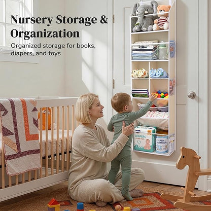 6-in-1 Over Door Hanging Organizer, Versatile Storage Over Door Organizer with 12 Mesh Pockets, 44 lbs Weight Capacity Hanging Storage Organizer for Bedroom, Bathroom,Behind Door,Beige