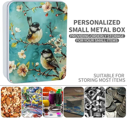 Metal Tin Box Sturdy Metal Storage Box with Lid, Birds and Flower Large Container Holder for TCG Cards, Car Keys, Cookies, Tin Containers for Gift, 5.0x3.7x1.6 Inch, Exquisite Pattern Design