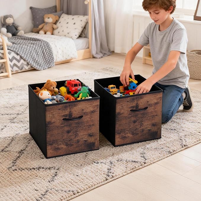 WUIKE 13-Inch Storage Cube Bins, Rust Brown Cubby Organizer Baskets with Handles, Collapsible Storage Bins for Shelves and Closet, 4-Pack