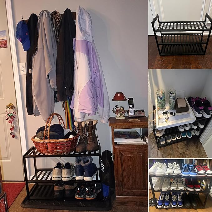 Jripae Bamboo Shoe Rack for Entryway, 27.5inch Stackable 3 Tier Shoe Organizer Shelf Storage 9-12 Pairs Shoes Stand Cubby for Closet Door Hallway Bedroom Garage Black, Thanksgiving