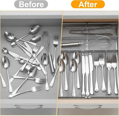 2 Pcs Utensil Drawer Silverware Organizer, Metal Mesh Expandable 13" ~24" Kitchen Drawer Organizer, 7-9 Slots Cutlery Tray Dividers for Kitchen Flatware Christmas Housewarming Gift (Sliver)