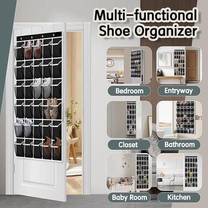 Kotkn Over the Door Shoe Organizer with 30 Breathable Mesh Pockets - Large Capacity Closet Storage for Men & Women, Hanging Shoe Rack Organizer (Black, 30-Pocket)