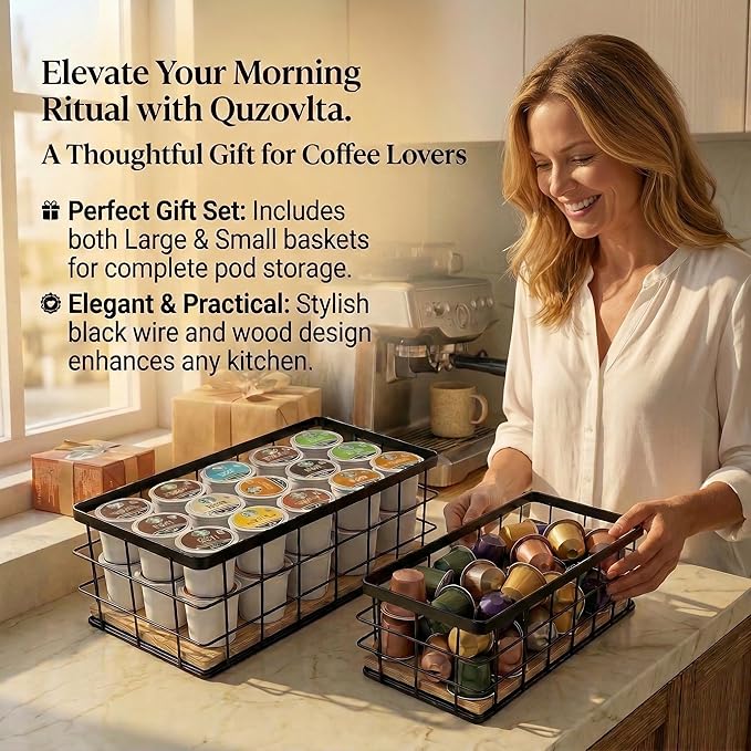 2-Pack Coffee Pod Holder Basket with Wood Base - Modern Rustic Coffee Pods Organizer for Coffee Station & Bar, High-Capacity Wire Capsule Storage for Kitchen Countertop Office