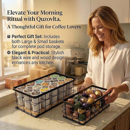 2-Pack Coffee Pod Holder Basket with Wood Base - Modern Rustic Coffee Pods Organizer for Coffee Station & Bar, High-Capacity Wire Capsule Storage for Kitchen Countertop Office
