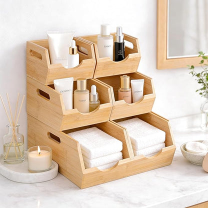 HOMESTEAD 3-Tier Bamboo Pantry Storage Bins – Stackable Potato & Onion Storage Bin with Handles, Fruit Basket & Produce Organizer for Kitchen Countertop, Pantry Organization, Set of 5
