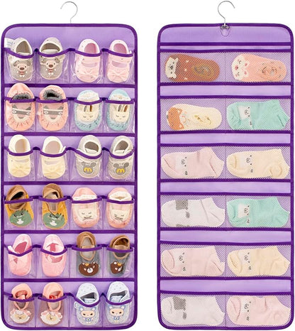 Dual-sided Hanging Baby Shoes Organizer Closet Toddler Shoe Storage Holder for Kids Bow Socks Underwear (PURPLE)