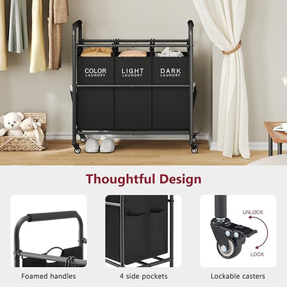 Tajsoon 3 Bag Laundry Sorter Cart, Laundry Hamper Sorter Basket with Heavy Duty Lockable Rolling Wheels for Clothes Storage, Black