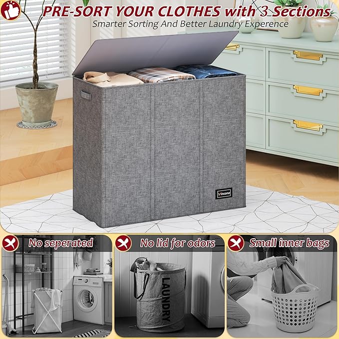 195L Laundry Hamper 3 Section,Large Laundry Hamper with Lid,Dirty Clothes Hamper with 3 Inner Bags,Collapsible Laundry Basket Organizer for Laundry Room,Bedroom,Laundry Sorter Hamper 3 Compartment
