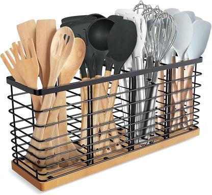 Suli Extra Large Kitchen Utensil Holder Countertop with 4 Compartments,Matte Black Metal holder with Wooden Base for Countertop,Farmhouse Utensil Organizer for counter,Rustic Cooking Utensil Organizer