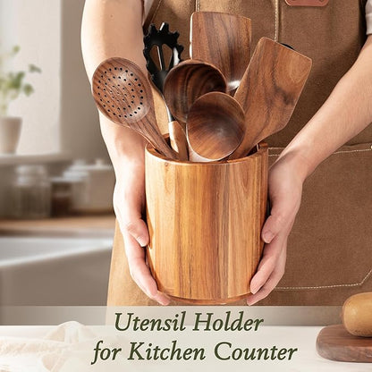 Criusia Utensil Holder 2 Pack, 360° Rotating Acacia Wood Cooking Utensil Crocks for Kitchen Counter, Farmhouse & Modern Decor, (2 Large)