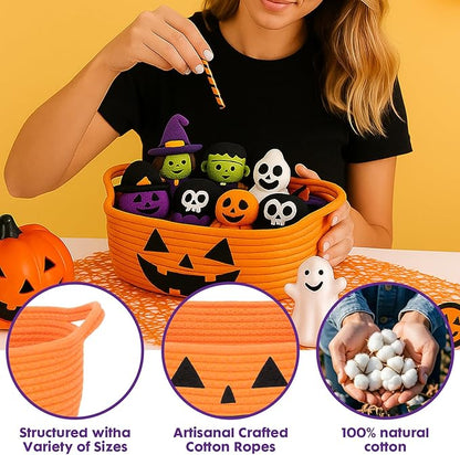 ShellKingdom Halloween Basket, Storage Basket with Handles, Empty Halloween Decorations Gift Baskets with Gift Bags and Ribbon, 12 X 8 X 5 INCH