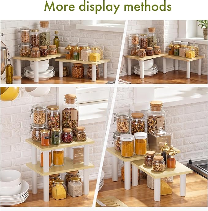 Cabinet Organizer Shelf, 2 Tier Countertop Spice Rack for Kitchen Counter, Seasoning Organizer with Wood-Grain Shelves, Kitchen Countertop Organizer for Spices, Sauces and Small Items (4 Pcs, Light)