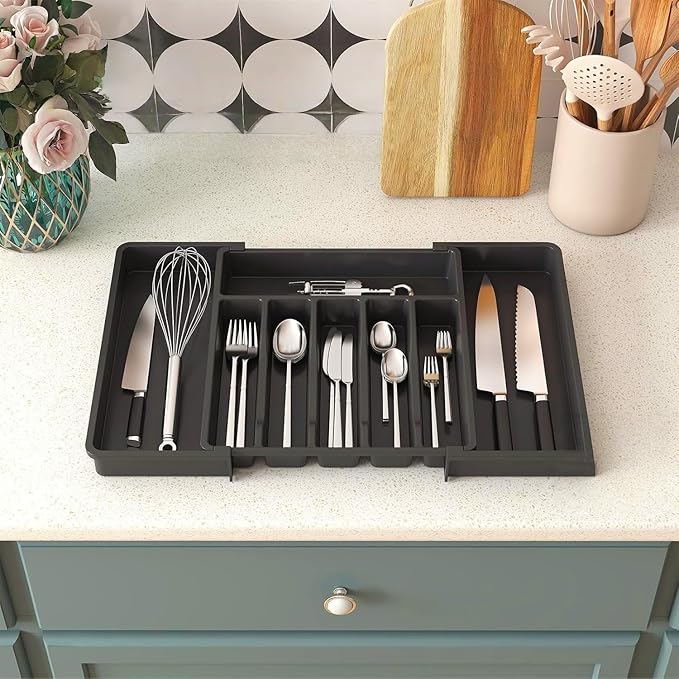 YWHWXB Silverware Drawer Organizer,Expandable Utensil Tray,Large Kitchen Drawer Organizer,Adjustable Plastic Flatware Organizer for Flatware Cutlery Spoon Knives Drawer Storage Organization (Black)