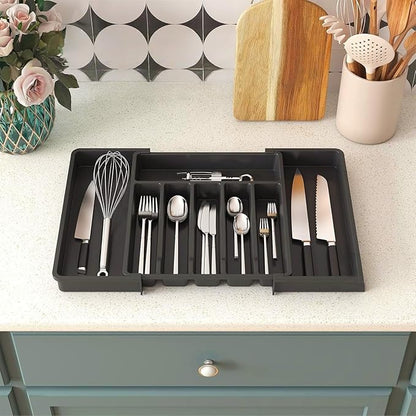 YWHWXB Silverware Drawer Organizer,Expandable Utensil Tray,Large Kitchen Drawer Organizer,Adjustable Plastic Flatware Organizer for Flatware Cutlery Spoon Knives Drawer Storage Organization (Black)