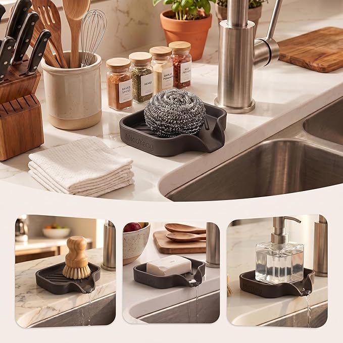MicoYang Silicone Bathroom Soap Dishes with Drain Spout-Bathroom and Kitchen Sink Organizer,Sponge Holder,Dish Soap Tray,Perfect for Dispenser,Scrubber,Bottle,Cup on Sink or Counter-Coffee 4.9"×3.2"
