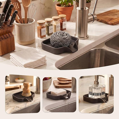 MicoYang Silicone Bathroom Soap Dishes with Drain Spout-Bathroom and Kitchen Sink Organizer,Sponge Holder,Dish Soap Tray,Perfect for Dispenser,Scrubber,Bottle,Cup on Sink or Counter-Coffee 4.9"×3.2"