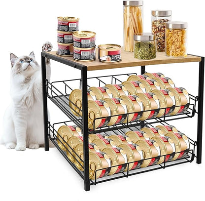 Bamboo & Iron Cat Food Organizer for Pantry, 2-Tier Can Stackable Storage Rack Holds 48 (3oz) Cans, Flat Top for Extra Storage, Automatic Slide-Down Perfect for Pet Food Cans