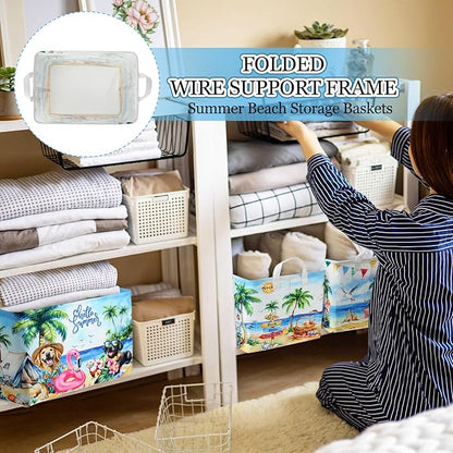 Geelin 3 Pcs Beach Baskets Summer Storage Basket for Gifts Collapsible Waterproof Canvas Cute Storage Bin Organizer with Handles for Book Closet Shelf Nursery Decor