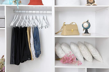 Quality Wooden Skirt Hangers with Clips, 20-Pack Semi Curved, Smooth Solid Wood Pants Hangers with Durable Adjustable Metal Clips, Swivel Hook, Coat, Jacket, Blouse Suit Hangers (White, 20)