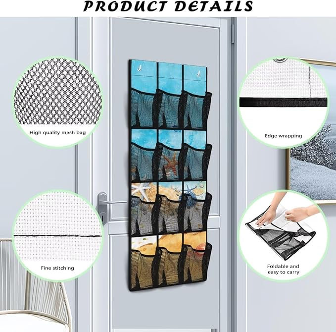 Beach Starfish Design Space Saving Hanging Shoe Organizer,Entryway Bedroom Bathroom Storage Bags with 12 Mesh Large Pockets Waterproof Reusable