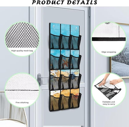Beach Starfish Design Space Saving Hanging Shoe Organizer,Entryway Bedroom Bathroom Storage Bags with 12 Mesh Large Pockets Waterproof Reusable