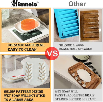 Miamolo Soap Dish Soap Holder Shower, Ceramic Soap Dishes for Bar Soap Sponge, Shower Soap Dish Soap Saver Tray for Bathroom Kitchen Sink, Easy to Clean, White
