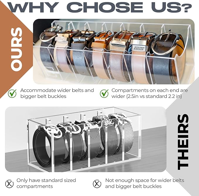 Targum Belt Organizer for Large Buckles – Extra-Wide Acrylic Belt Organizer with 7 Compartments for Closet and Drawer