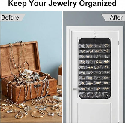 2PCS Hanging Jewelry Organizer with 160 Clear Pockets, 360° Swivel Hook for Double-Sided Jewelry Holder for Earrings, Necklaces, Rings on Closet, Wall, Door, (Black and beige)