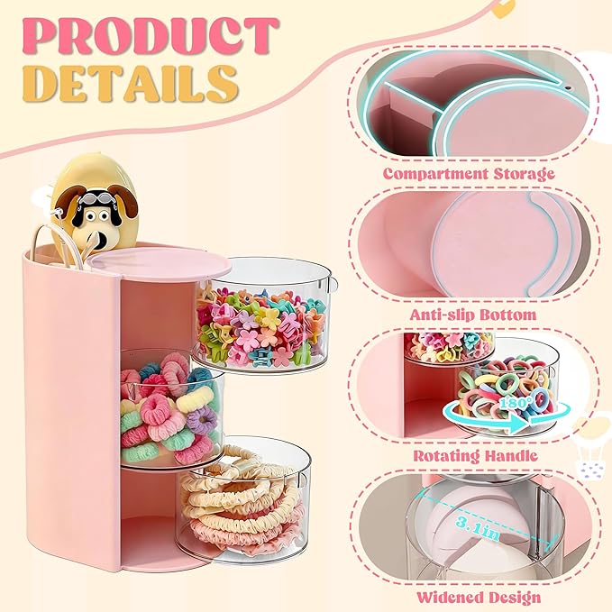 Azurphoric Hair Accessories Organizer with Hair Brush Holder, Rotatable Makeup Brush Holder for Necklaces, Earring, Bracelet, Ring, Makeup Brushes, Hair Clip and Hair Accessories (Pink, 3-Layer)