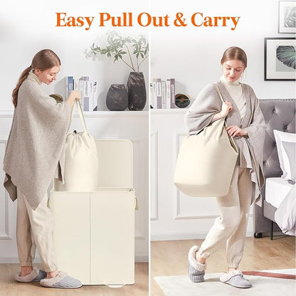 Lifewit Double Laundry Hamper with Lid and Removable Laundry Bags, Large Collapsible 2 Dividers Dirty Clothes Basket with Handles for Bedroom Laundry Room Closet Bathroom College, 155L Ivory White