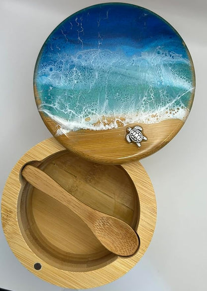 Ocean Resin Art Bamboo Salt Box, Salt Cellar, Bath Salt Container, Storage Box, Herb, Salt, Pepper, Sugar, Spices Storage Box with Magnetic Swivel Lid, Spoon and Turtle Charm