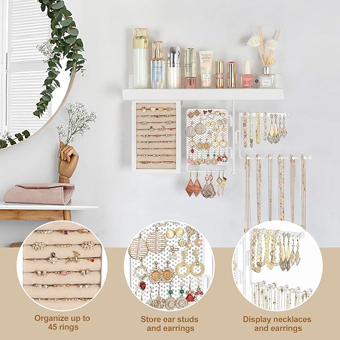 SOLIMINTR Hanging Jewelry Organizer Wall Mount with Rustic Wood Shelf, Ring Display Box, Ear Studs Earring Holder, Rotating Necklace Holder Organizer White
