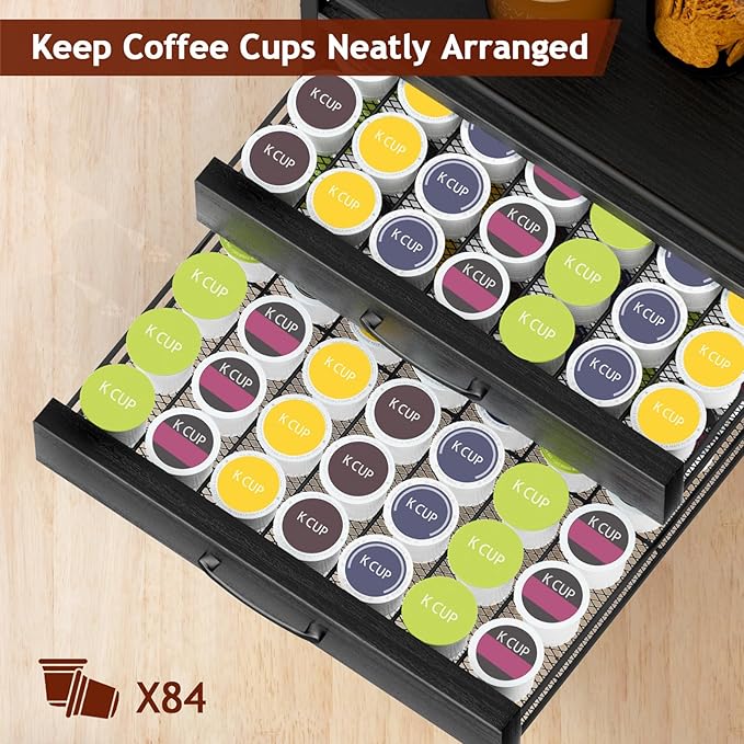 Homsorout Coffee Syrup Rack Organizer - 4-Tier 8 Syrup Wine Bottles Stand with 82 Storage Drawer for K Cups, Coffee Pod Holder for Countertop, Bar Station, Kitchen, Black
