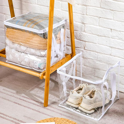 4 Pcs Clear Zippered Organizers 12''x12''x12'' Moving Bags with Reinforced Handles Heavy Duty Storage Cube Tote Storage Blanket Bags Bins for Clothes Moving Supplies Linens Shoes Closet Organizer