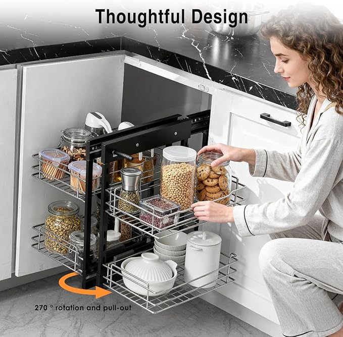 2-Tier 4-Shelf Blind Corner Organizer, Pull-Out Storage Basket with Soft-Close Mechanism, Left/Right Hand Compatible for 15" Min Opening, Chrome Steel Cabinet Organizer for Kitchen/Bathroom