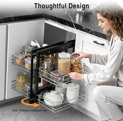 Blind Corner Pull-Out Organizer, 2-Tier 4-Shelf Cabinet Storage Basket with Soft-Close, Left/Right Open Compatible for 15" Minimum Opening, Chrome Steel Kitchen/Bathroom Cabinet Organizer