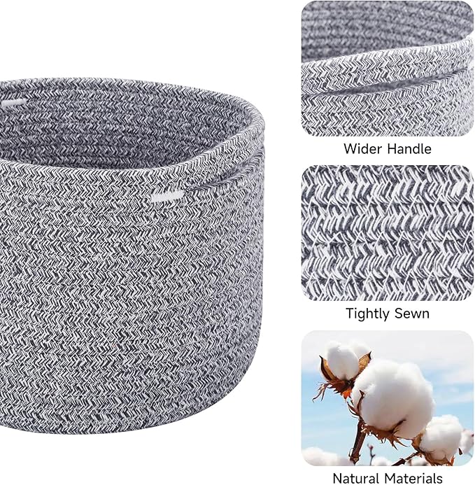 MiniArk Small Basket for Organizing | Cube Shelf Closet Storage Baskets | 9.7×9.7×7.1” | Woven Rope Gift Basket | Nursery | Round 3 Packs Mixed Grey
