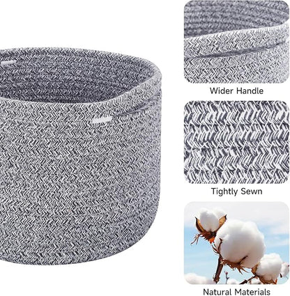 MiniArk Small Basket for Organizing | Cube Shelf Closet Storage Baskets | 9.7×9.7×7.1” | Woven Rope Gift Basket | Nursery | Round 3 Packs Mixed Grey