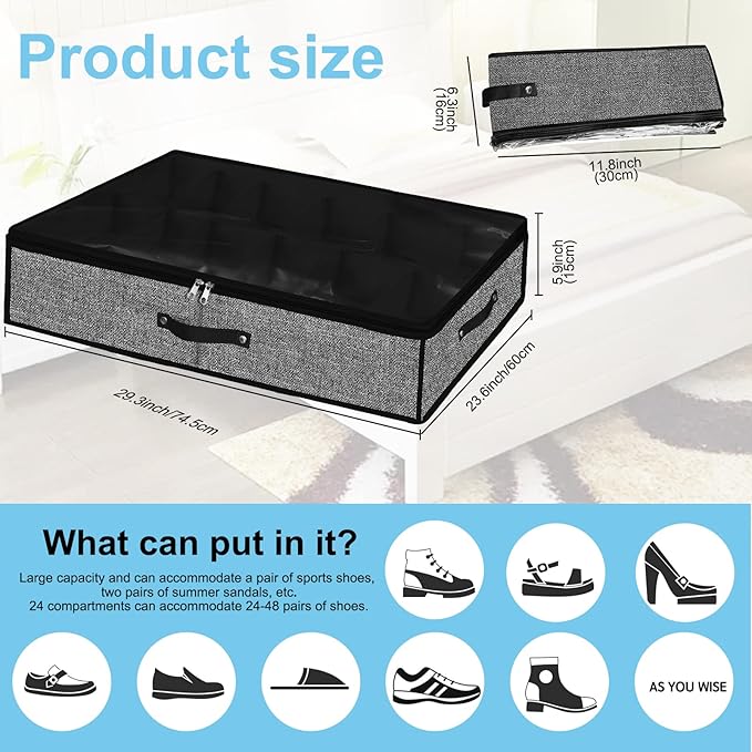 Under Bed Shoe Storage Organizer for Closet 2 Pack- Fits 24 Pairs Underbed Shoes Container Boxes with 2 Sturdy Handles and Clear Window,Foldable Shoe Rack Holder,Black