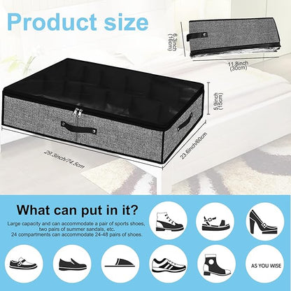 Under Bed Shoe Storage Organizer for Closet 2 Pack- Fits 24 Pairs Underbed Shoes Container Boxes with 2 Sturdy Handles and Clear Window,Foldable Shoe Rack Holder,Black