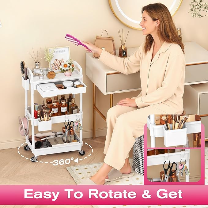 Goovilla Rolling Makeup Organizer Cart with Removable Drawer, 3 Tier Stable White Floor Skincare Storage Cart for Vanity, Cosmetic Display, Nail Polish, Perfume, Hair Stuff, Beauty, Bathroom(Plastic)