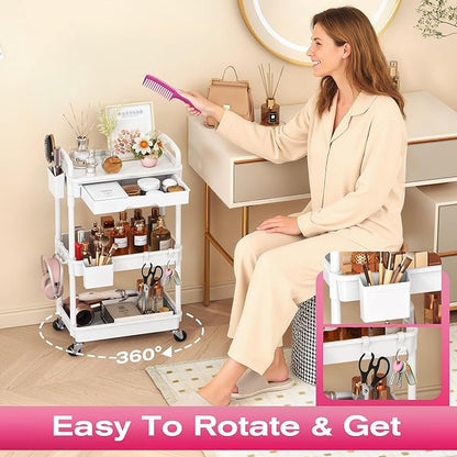 Goovilla Rolling Makeup Organizer Cart with Removable Drawer, 3 Tier Stable White Floor Skincare Storage Cart for Vanity, Cosmetic Display, Nail Polish, Perfume, Hair Stuff, Beauty, Bathroom(Plastic)