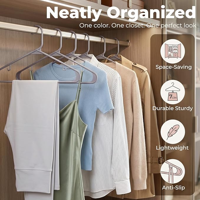 HOUSE DAY Plastic Hangers 20 Pack, Space Saving Clothes Hangers with Built-in Hooks, Durable & Strong Closet Organizers and Storage, Dorm Room Essential, Perfect for Shirts, Coat, Pants, Dress - Grey