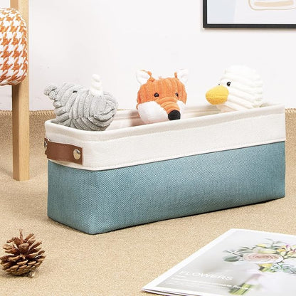 DULLEMELO Fabric Bathroom Storage Bin with Leather Handles, Narrow Organizer for Towels, Toilet Paper Rolls, Storage Basket for Back of Toilet, Vanities, Shelves & Cabinets (White&Teal)